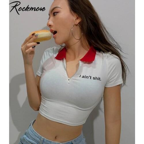 Rockmore Turn-down Collar T-Shirt Women Short Sleeve Crop Top White Letter Print Skinny Tees Shirts Panelled Basic Tshirt Ladies