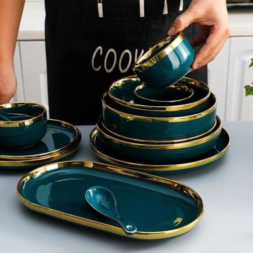 High End Green Ceramic Thick Line Gold Lnlay Plate Steak Food Plate Nordic Style Tableware Bowl Ins Porcelain Dinnerware Set