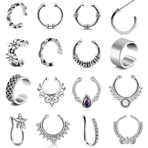 1PC Fake Nose Ring Hoop Face Septum Rings Non Piercing Jewelry Faux Lip Hoop NonPierced Clip On Earrings Cuff Piercing