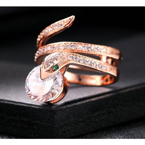 Double Fair Snake Shape Clear Green Cubic Zirconia Finger Rings Rose Gold Color Fashion Punk Style Jewelry For Women DFR271