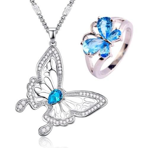 Lingmei Butterfly Wedding Rings Blue Rainbow Zircon Jewelry Set Silver Color Ring Pendant Necklace Chain Party Gifts