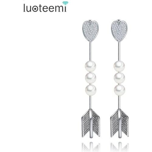 LUOTEEMI Fashion Personality Brincos Shining CZ Imitation Pearls Different Style Stone Mandrel Stud Earrings Heart Arrow Jewelry