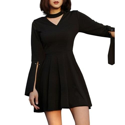 Devil Fashion Gothic Sexy Lady Black Dresses Flare Sleeves Short Dresses Autumn V-Neck Metal Pin Dresses
