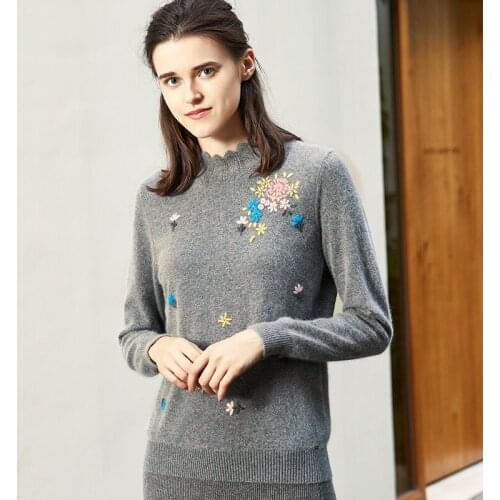 ZHILI 2018 New Autumn Winter Embroidered Floral Cashmere Sweater