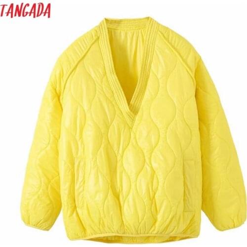 Tangada 2020 Autumn Winter Women Solid Oversize Yellow Parkas V Neck Long Sleeve Pockets Female Warm Coat 6W03