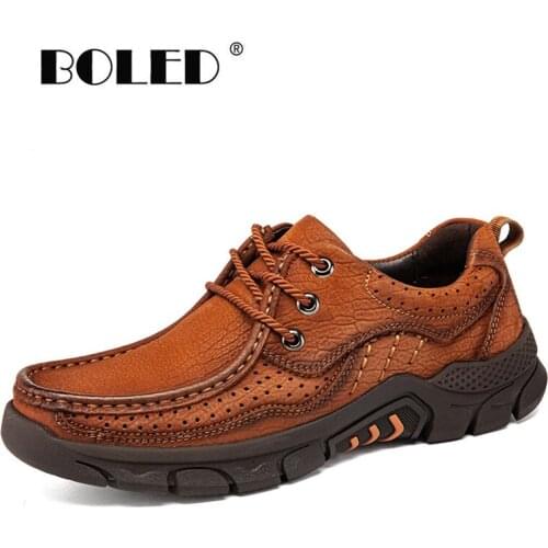 Natural Cow Leather Casual Shoes Men Comfort Lace Up Flats Shoes Non-Slip Outdoor Walking Men Shoes Zapatos Hombre