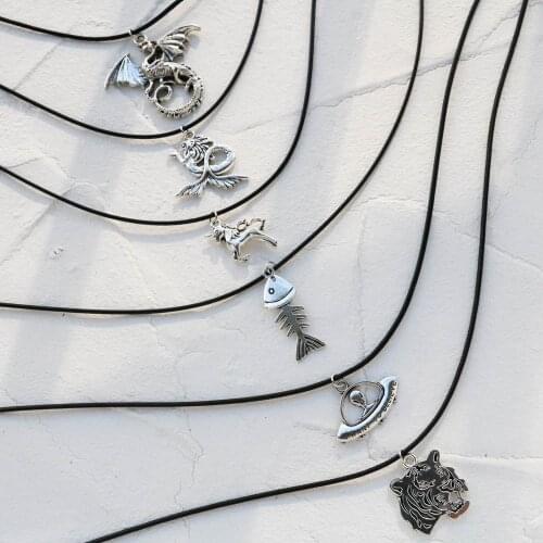 Retro Angel Rose Cross Pendant Leather Wax Cord Necklace for Women Fashion Pistol Gun Handcuffs DIY Handmade Rope Chains Jewelry