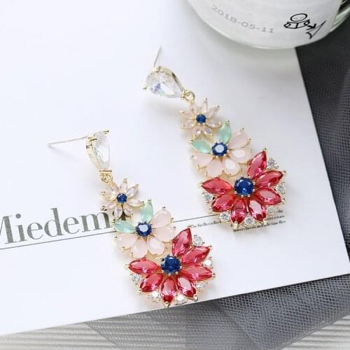Ruifan High Quality 4 Color Europe Garden Flower Shape Colorful Women Earrings Beautiful Rhinestone Drop Earring Jewelry YEA334