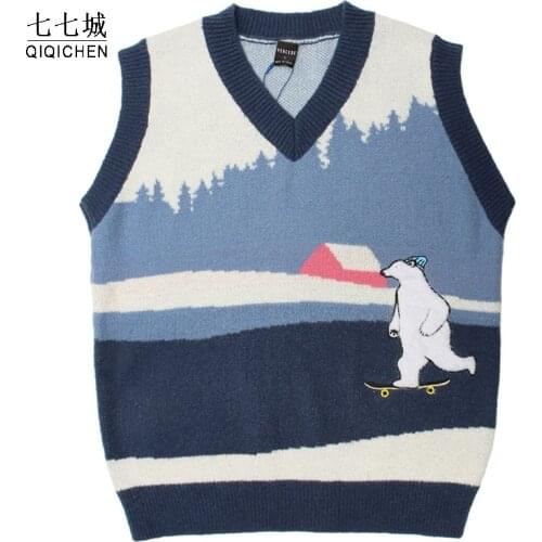 Sweater Vest Men Women Polar Bear Embroidery Fashion Loose V-neck Sleeveless Vest Sweater Winter Casual Knitted Pullover Unisex