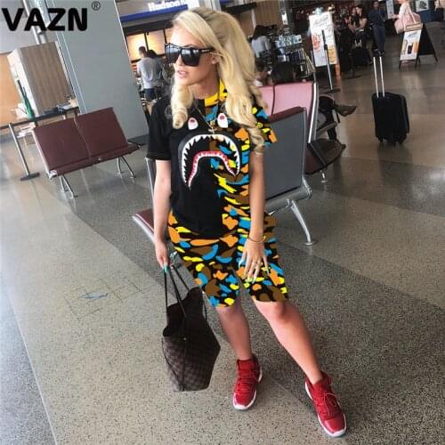 VAZN 2020 Summer Hot Plus Size High Street Casual Fancy Young Tracksuits Short Sleeve Group Knee Length Slim Women 2 Piece Set