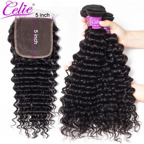 Celie Hair 5x5 Closure With Bundles Remy Brazilian Deep Wave Human Hair 3 Bundles With Closure Deep Wave Bundles With Closure