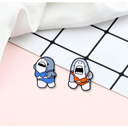 Funny Cute Bikini Shark Brooches Cartoon Animal Enamel Pins Beach Holiday Style Jewelry Lapel Denim Badges for Friends Wholesale