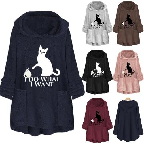 Women Autumn Solid Color Cats Print Irregular Hem Pockets Midi Hoodie Sweatshirt Female