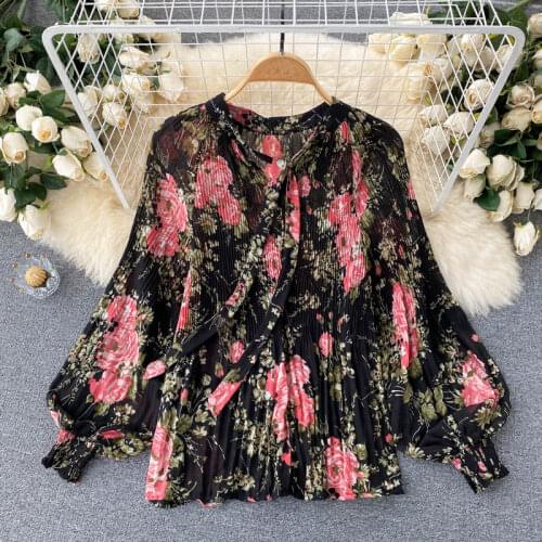 Autumn 2021 New Style Fashion Temperament Ladies Blouse Round Neck Puff Sleeve Pleated Chiffon Blusa Retro Floral Shirt DK1139