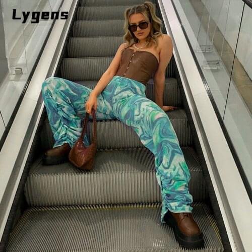 Lygens 2021 High Waist Vintage Print Stacked Pants Summer Women Fashion Streetwear Y2K Trousers Streetwear Party Club Clothes