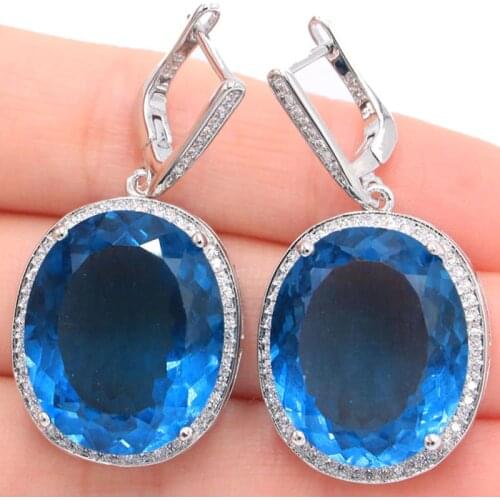40x21mm Big Jewelry Set 17.5g Oval Gemstone 22x18mm Created London Blue Topaz White CZ For Women Silver Earrings Pendant Dating
