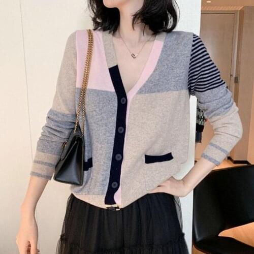 Korean Style Autumn Patchwoar Sweater For Women Knitted Single Breasted Cardigan Long Sleeve V Neck Slim Casual Female Outwear