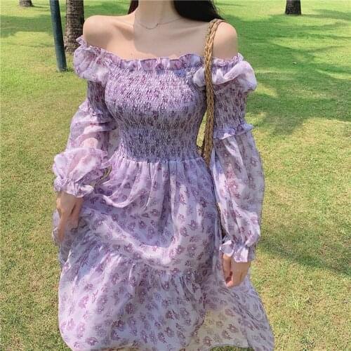 Design Floral Dress Women 2021 Summer Puffer Sleeve Beach One Piece Dress Korean Elegant Vintage Dress Female Chic Square Collar