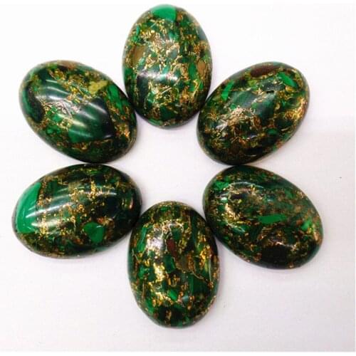 6Pcs 25x18x7mm Dark Green Gold Sea Sediment Jasper & Pyrite Oval Cab Cabochon DIY Jewelry Making Accessories M324