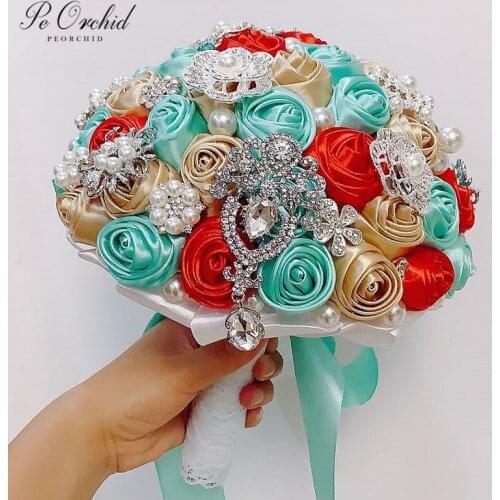 PEORCHID Satin Flowers Brooches Wedding Bouquet Red&Blue Luxury Artificial Pearls Jewelry Bridal Hand Bouquet Mariage Rose Gold
