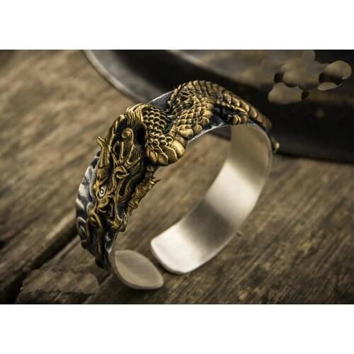 Men Real 999 Sterling Silver handmade embossment 3D dragon Cuff Bracelet bangle A4890