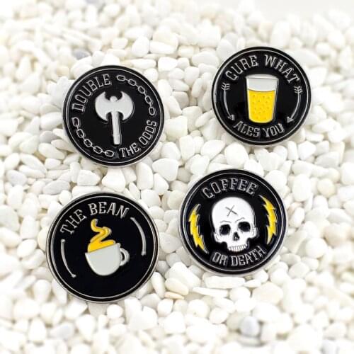 Black round punk style brooch set Skeleton coffee axe drink cup pattern badge Dark Halloween Jewelry Accessories