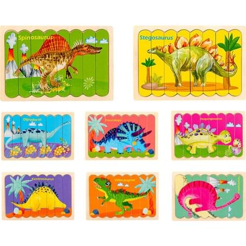 Children Wooden Double-Sided Cartoon Dinosaur Jigsaw Early Education Toy Puzzles For Children Gift Parent-child Interactive Game