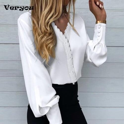 2021 Women Fashion Lace Stitching Long Sleeve Casual T-Shirt V-Neck Solid Office Shirts Women Tshirt Tee Female Tops Streetwear
