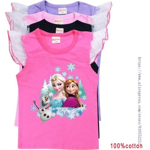 Disney Summer New T-shirt Fashion Girls Frozen Princess Tshirt Round Neck Kids Cartoon Tshirt Elsa Clothes