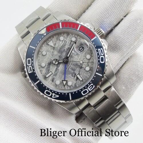 BLIGER Brand Men Watch Sapphire Glass Grey Sterile Dial 40mm GMT Function Dtae Indicator Ceramic Bezel Mental Strap