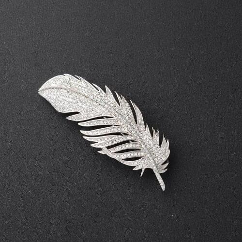 New Womens CZ Zirconia Large Silver Plated Feather Brooch Pin