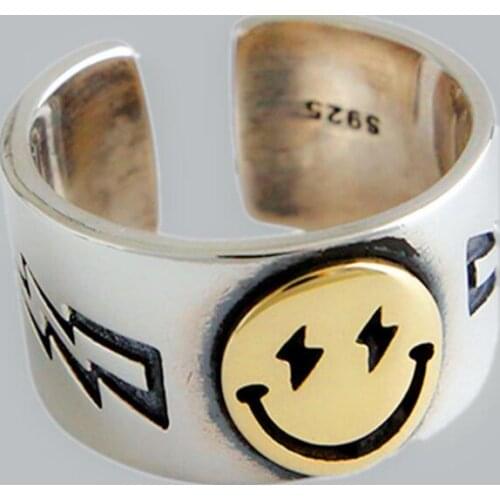 New Fashion Retro Wide Smiley lightning Thai Silver Opening Rings For Women Creativity Jewelry Gifts SAR154