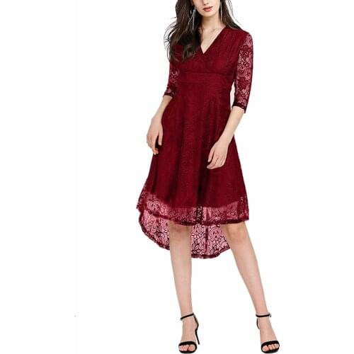 Fall and Winter Ladies Solid Color Fashion Lace V-neck Sleeve Irregular Hem Dress