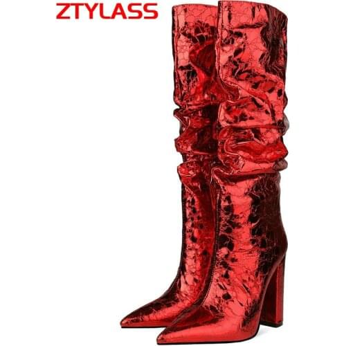Pleated Knee High Boots Fashion Zipper Thick High Heel Long Boots Ladies Pointed Toe Autumn Winter Shoes Red Gold