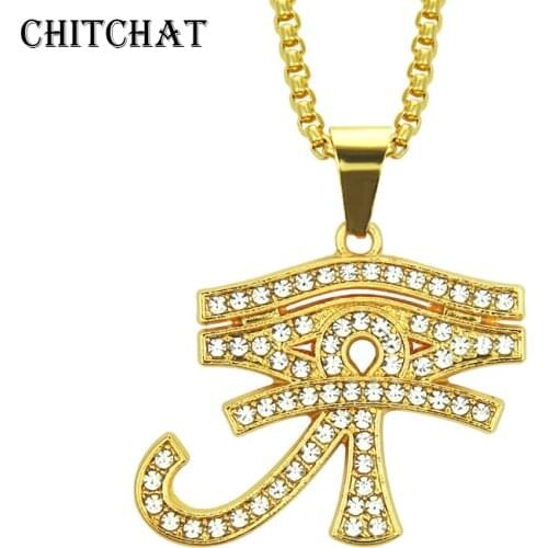 Hip Hop Ancient Egypt Eye of Horus Pendants Egyptian Charms Iced Out Rhinestone Necklaces For Man Gift Rocker