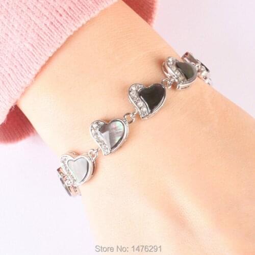 Attractive Natural abalone shell clovers Heart crystal inlaid silver plated bracelet 9 "L