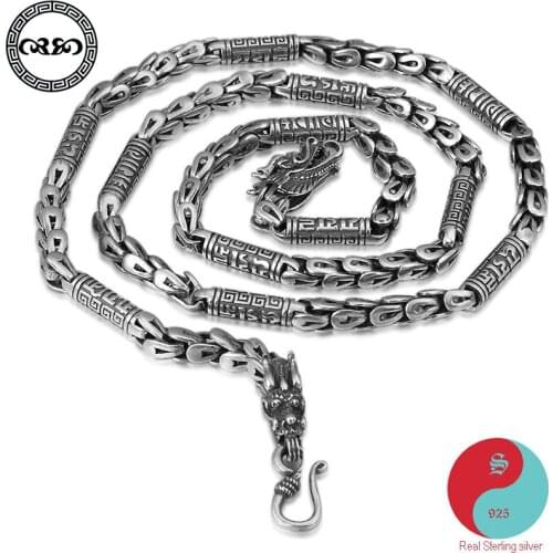 Real S925 Silver Sterling Necklace Tibetan Buddha Pendant Amulet Dragon head dragon scale mens necklace 50 55 60 65cm