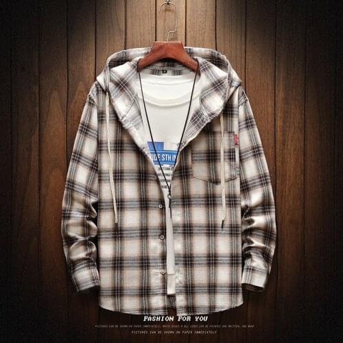 Autumn Casual Plaid Shirt Men Long Sleeve High Quality With Hoodie Mens Hip Hop Shirt Clothes Hooded