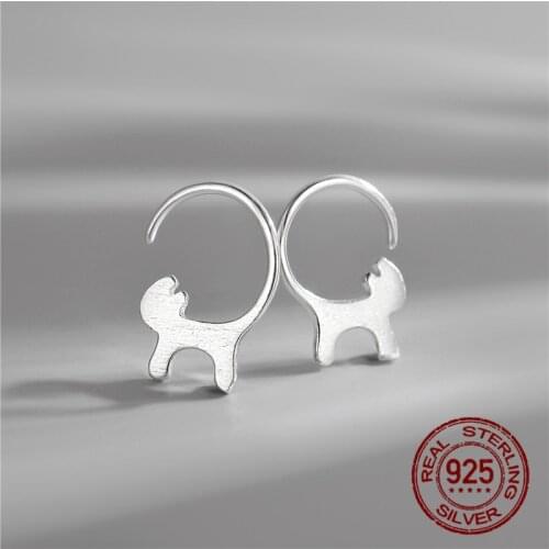 INEFFA Genuine 100% 925 Sterling Silver Jewelry Mini Cat With Tail Up Earring Pendant Small Stud Earrings for Women Femme Gifts