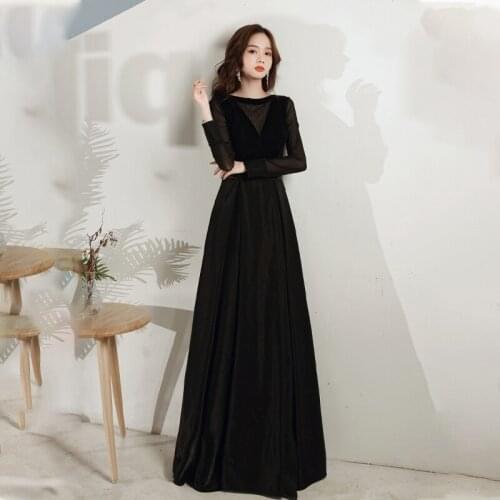 Evening Dress O-Neck Simple Elegant Empire A-Line Full Sleeves Floor-Length Black Zipper Back New Woman Formal Party Gowns A1297