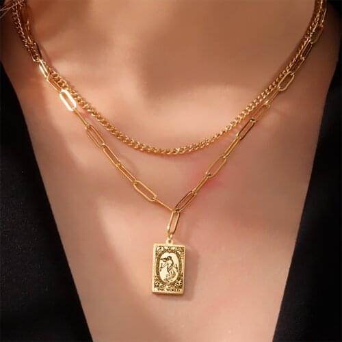 Vintage Double Layer Tarot Necklace The Major Arcana Pagan Astrology Talisman Pendants Good Luck Amulet Necklace Jewelry Gift
