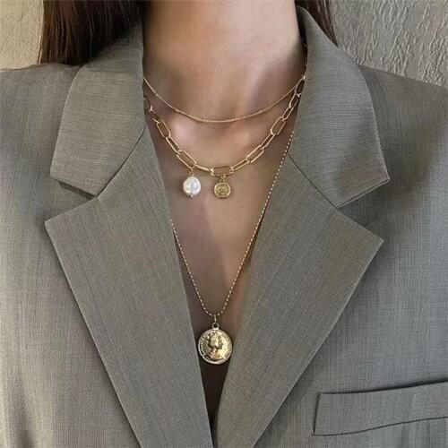 Vintage Multilayer Pearl Coin Chain Choker Necklace For Women Fashion Gold Metal Chain Collar Necklace 2021 Trend Female Jewelry