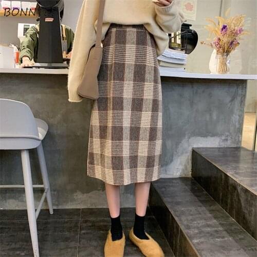 Skirts Women Thicker Woolen High Waist Loose Elegant Comfortable Plus Size Warm Chic Ins Ulzzang Lady Midi College A-Line Plaid