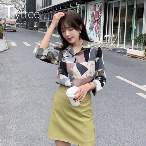 Trytree Spring Summer Women fashion Blouse Turn-down collar top Casual shirts Full Sleeve Polyester Chic Shirt Geometric Tops