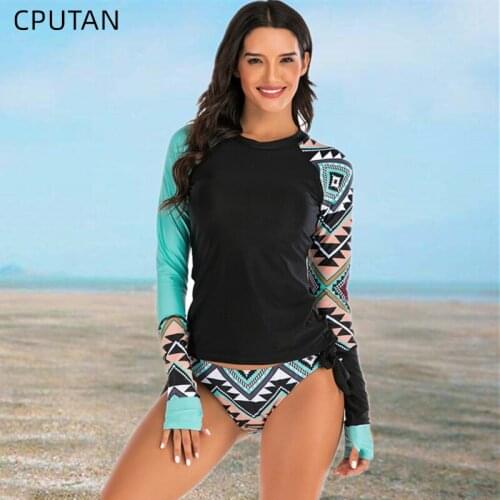 Surfing Swimsuit for Women Long Sleeve Two Piece Rash Guard UV Protection Swimwear Plus Size Shirts Bathing Suit Bikini 2021