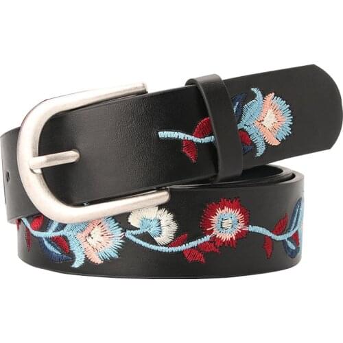 Retro Embroidered Flower Decoration Imitation Leather Women Belt Fashion Simple Black PU Womens Belt Pin Buckle Belts Female Be