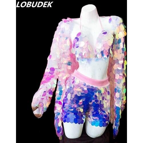 Customized Women Stage Costume (Bra+Shorts+Coat) Pink-Purple Sequins 3-Pieces Set Singer Dancer Dance Outfit Nightclub Clothing