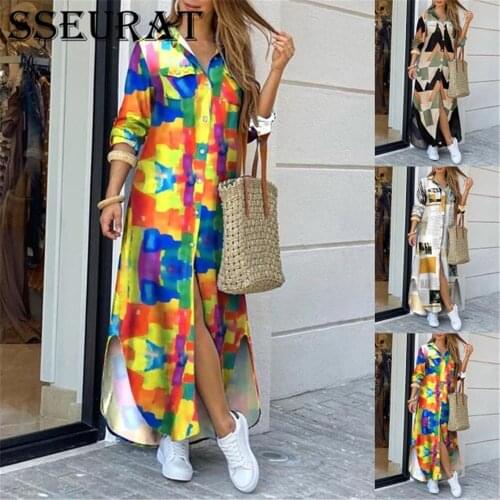 SSEURAT Retro Printed Long Shirt Dress Women Sexy Fashion Turn-Down Collar Button Dress Office Lady Casual Irregular Dress