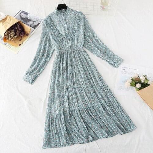 Elegant Stand Collar Floral Print Midi Dress Women Vintage Long Sleeve Vestido Casual Chiffon Pleated Dress Ruffles Party Dress