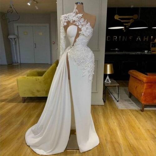 2020 Arabic Dubai Exquisite Lace White Prom Dresses High Neck One Shoulder Long Sleeve Formal Evening Gowns Split Party Dress